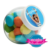 Glazen snoeppot 395 ml marsh mellow mix goedkoop bedrukt label logo